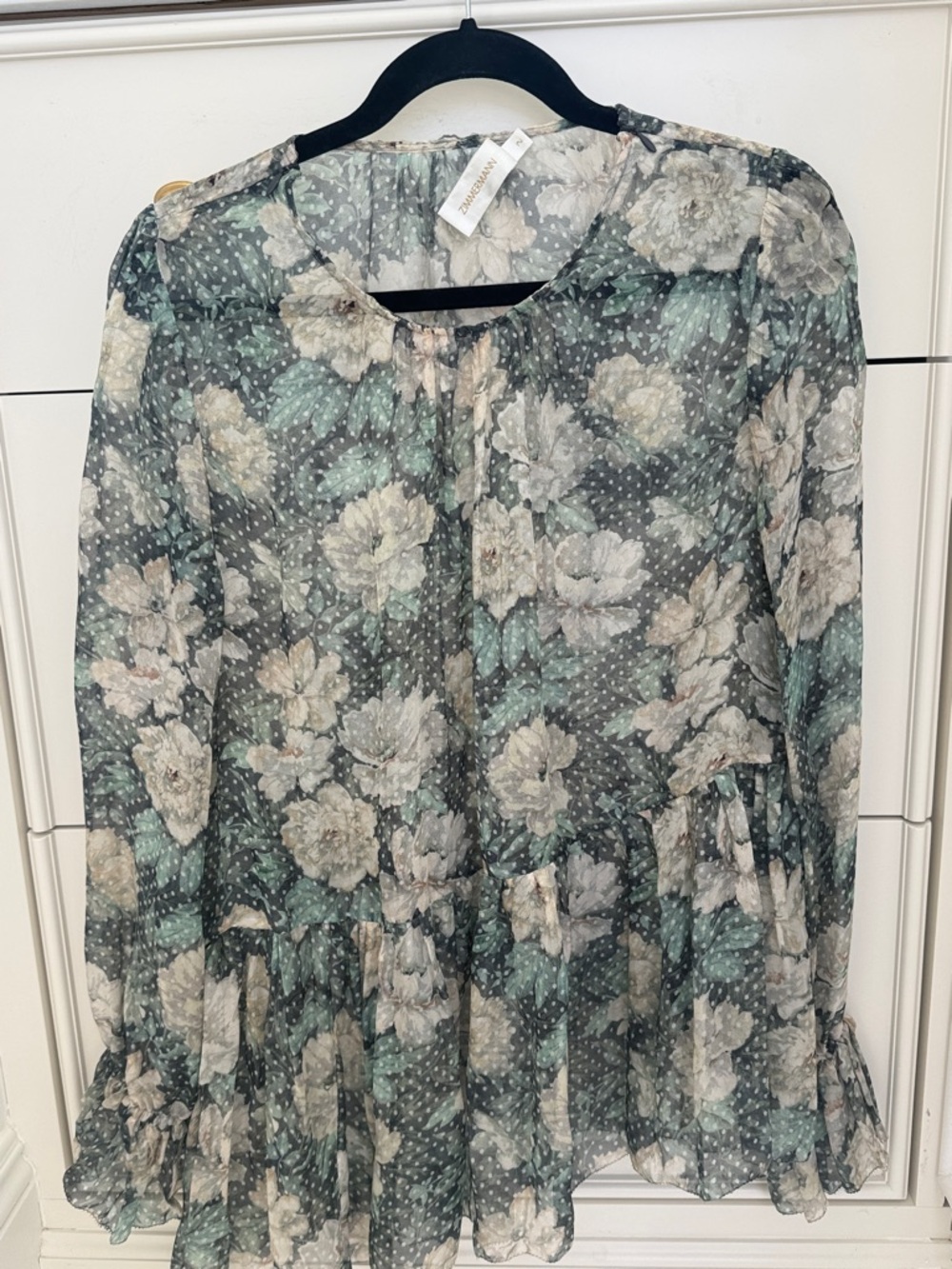 Zimmermann Green Floral Sheer Ruffle Blouse